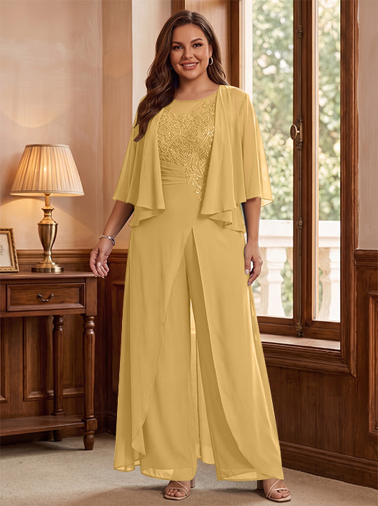 A-Line/Princess Scoop Floor-Length Plus Size Mother of the Bride Jumpsuits with Jacket, Split Side & Appliques