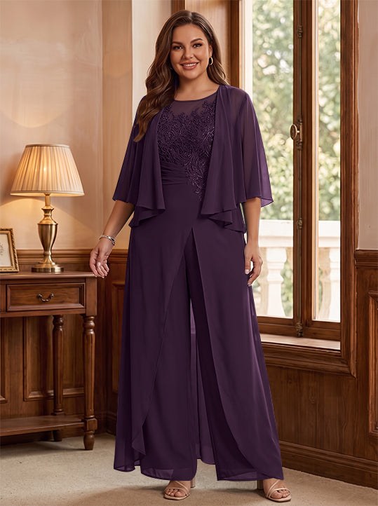 A-Line/Princess Scoop Floor-Length Plus Size Mother of the Bride Jumpsuits with Jacket, Split Side & Appliques