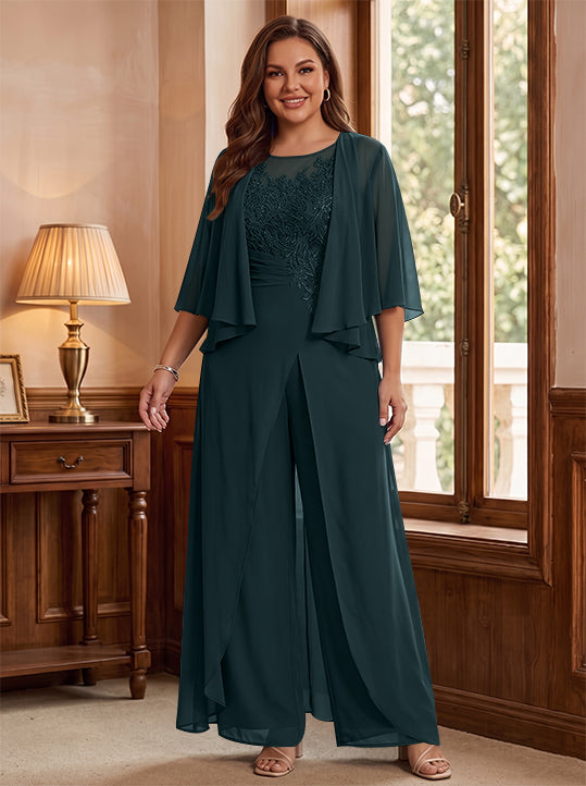 A-Line/Princess Scoop Floor-Length Plus Size Mother of the Bride Jumpsuits with Jacket, Split Side & Appliques