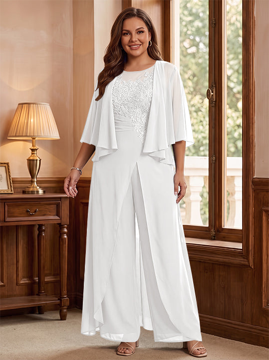 A-Line/Princess Scoop Floor-Length Plus Size Mother of the Bride Jumpsuits with Jacket, Split Side & Appliques
