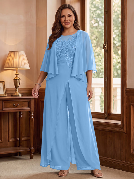 A-Line/Princess Scoop Floor-Length Plus Size Mother of the Bride Jumpsuits with Jacket, Split Side & Appliques