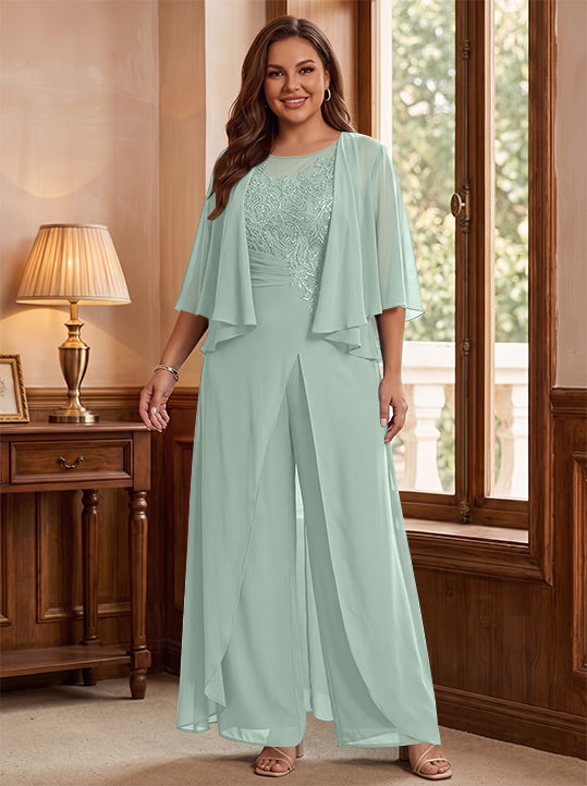 A-Line/Princess Scoop Floor-Length Plus Size Mother of the Bride Jumpsuits with Jacket, Split Side & Appliques