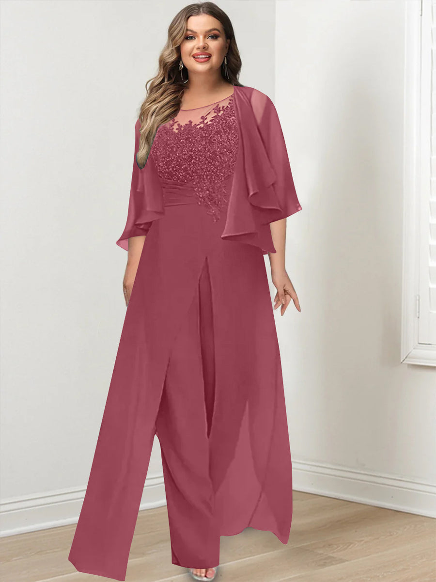 A-Line/Princess Scoop Floor-Length Plus Size Mother of the Bride Jumpsuits with Jacket, Split Side & Appliques
