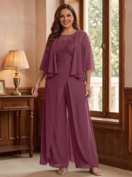 A-Line/Princess Scoop Floor-Length Plus Size Mother of the Bride Jumpsuits with Jacket, Split Side & Appliques