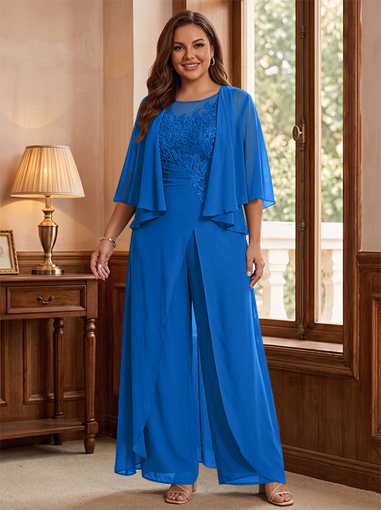 A-Line/Princess Scoop Floor-Length Plus Size Mother of the Bride Jumpsuits with Jacket, Split Side & Appliques