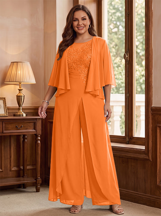 A-Line/Princess Scoop Floor-Length Plus Size Mother of the Bride Jumpsuits with Jacket, Split Side & Appliques