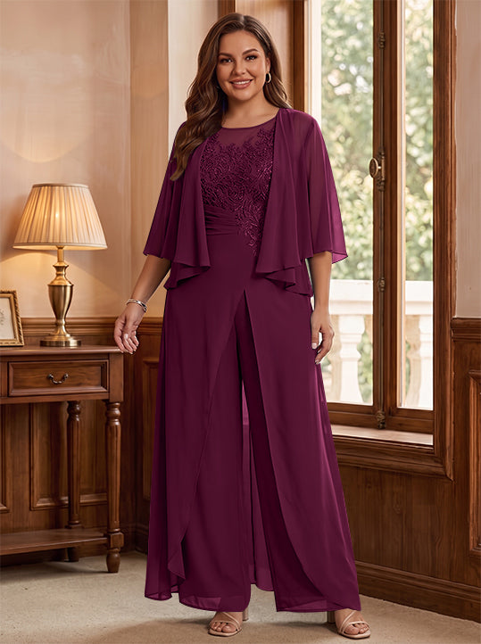 A-Line/Princess Scoop Floor-Length Plus Size Mother of the Bride Jumpsuits with Jacket, Split Side & Appliques