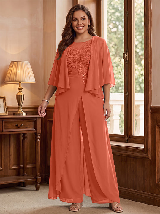 A-Line/Princess Scoop Floor-Length Plus Size Mother of the Bride Jumpsuits with Jacket, Split Side & Appliques