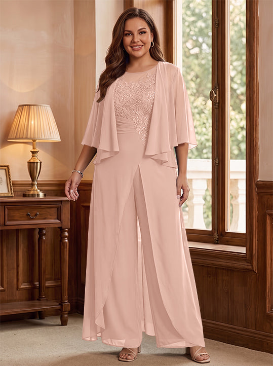 A-Line/Princess Scoop Floor-Length Plus Size Mother of the Bride Jumpsuits with Jacket, Split Side & Appliques