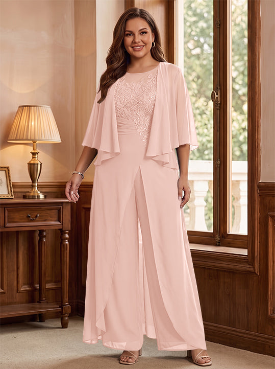 A-Line/Princess Scoop Floor-Length Plus Size Mother of the Bride Jumpsuits with Jacket, Split Side & Appliques