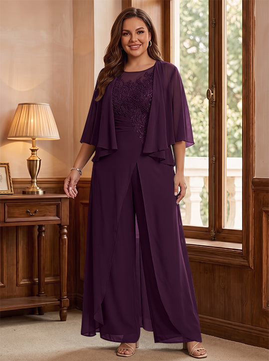A-Line/Princess Scoop Floor-Length Plus Size Mother of the Bride Jumpsuits with Jacket, Split Side & Appliques