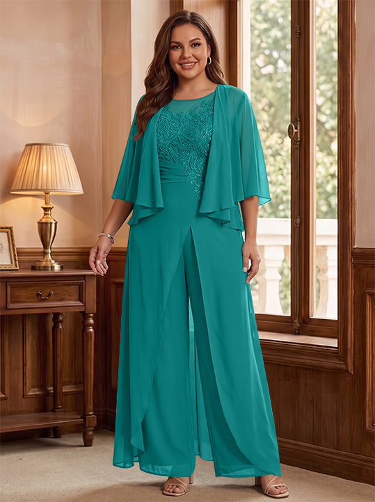 A-Line/Princess Scoop Floor-Length Plus Size Mother of the Bride Jumpsuits with Jacket, Split Side & Appliques