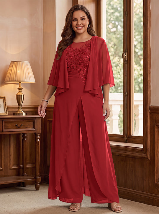 A-Line/Princess Scoop Floor-Length Plus Size Mother of the Bride Jumpsuits with Jacket, Split Side & Appliques