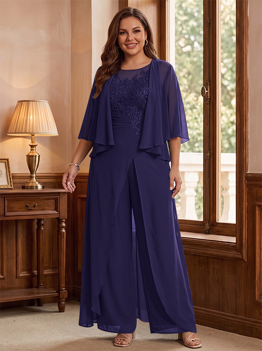 A-Line/Princess Scoop Floor-Length Plus Size Mother of the Bride Jumpsuits with Jacket, Split Side & Appliques