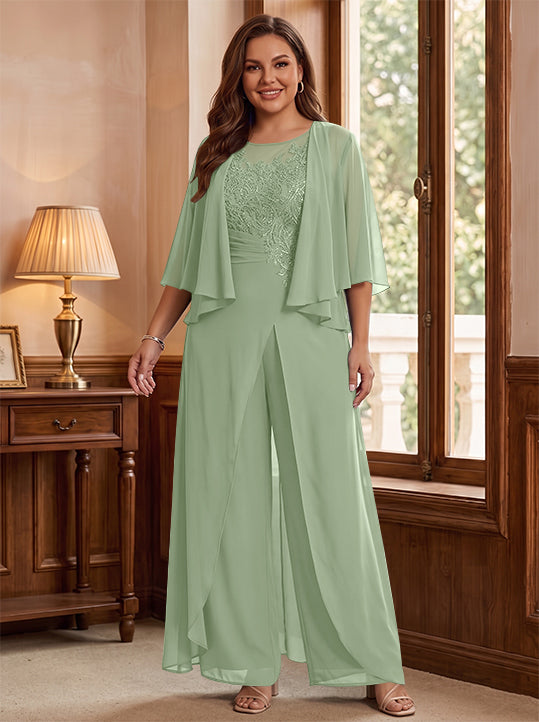 A-Line/Princess Scoop Floor-Length Plus Size Mother of the Bride Jumpsuits with Jacket, Split Side & Appliques