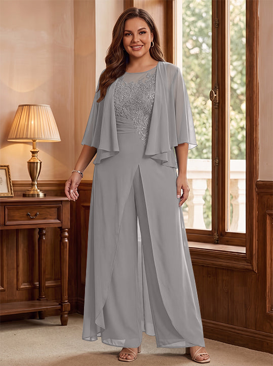 A-Line/Princess Scoop Floor-Length Plus Size Mother of the Bride Jumpsuits with Jacket, Split Side & Appliques