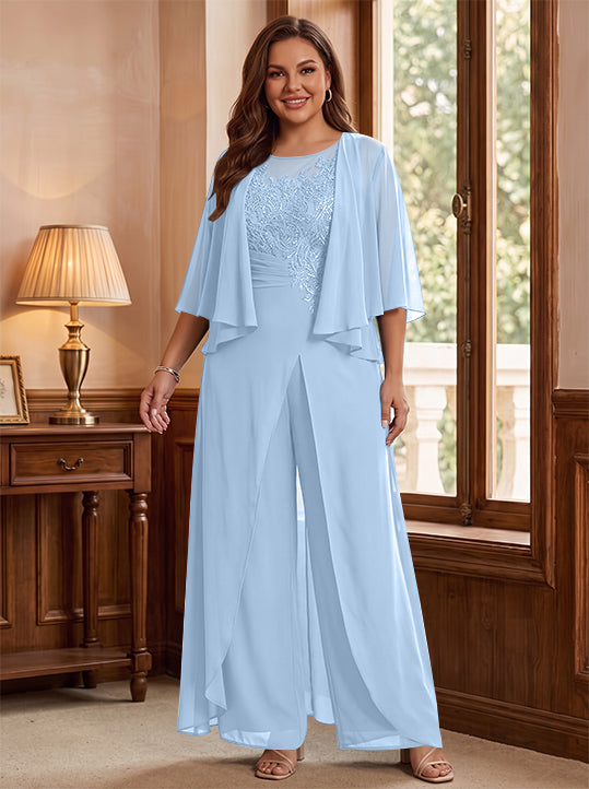 A-Line/Princess Scoop Floor-Length Plus Size Mother of the Bride Jumpsuits with Jacket, Split Side & Appliques
