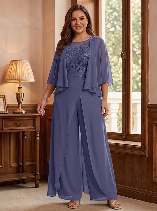 A-Line/Princess Scoop Floor-Length Plus Size Mother of the Bride Jumpsuits with Jacket, Split Side & Appliques