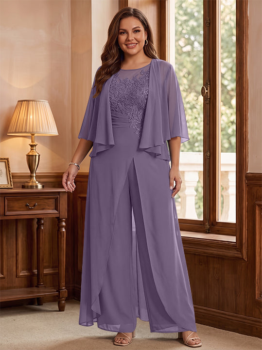 A-Line/Princess Scoop Floor-Length Plus Size Mother of the Bride Jumpsuits with Jacket, Split Side & Appliques