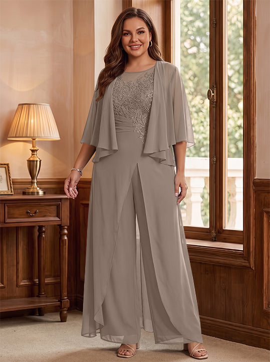 A-Line/Princess Scoop Floor-Length Plus Size Mother of the Bride Jumpsuits with Jacket, Split Side & Appliques
