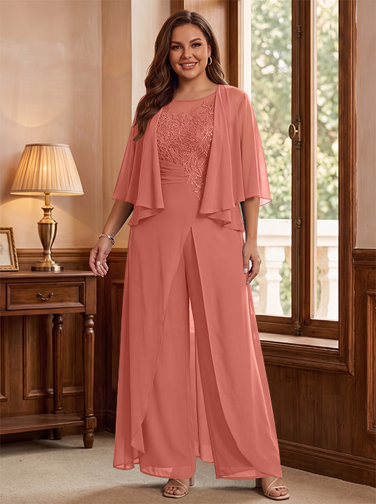 A-Line/Princess Scoop Floor-Length Plus Size Mother of the Bride Jumpsuits with Jacket, Split Side & Appliques