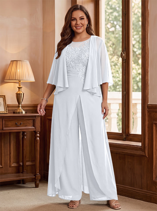 A-Line/Princess Scoop Floor-Length Plus Size Mother of the Bride Jumpsuits with Jacket, Split Side & Appliques