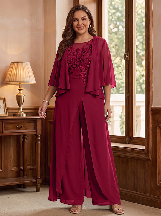 A-Line/Princess Scoop Floor-Length Plus Size Mother of the Bride Jumpsuits with Jacket, Split Side & Appliques