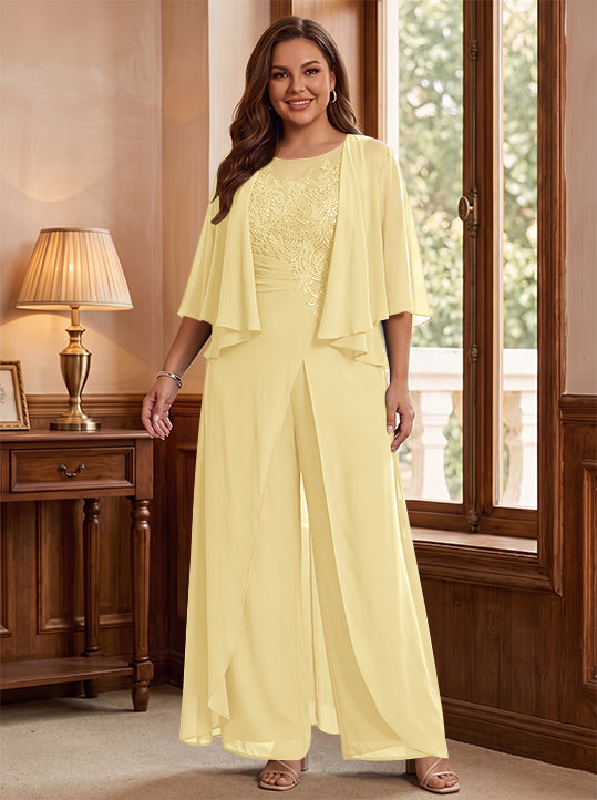A-Line/Princess Scoop Floor-Length Plus Size Mother of the Bride Jumpsuits with Jacket, Split Side & Appliques