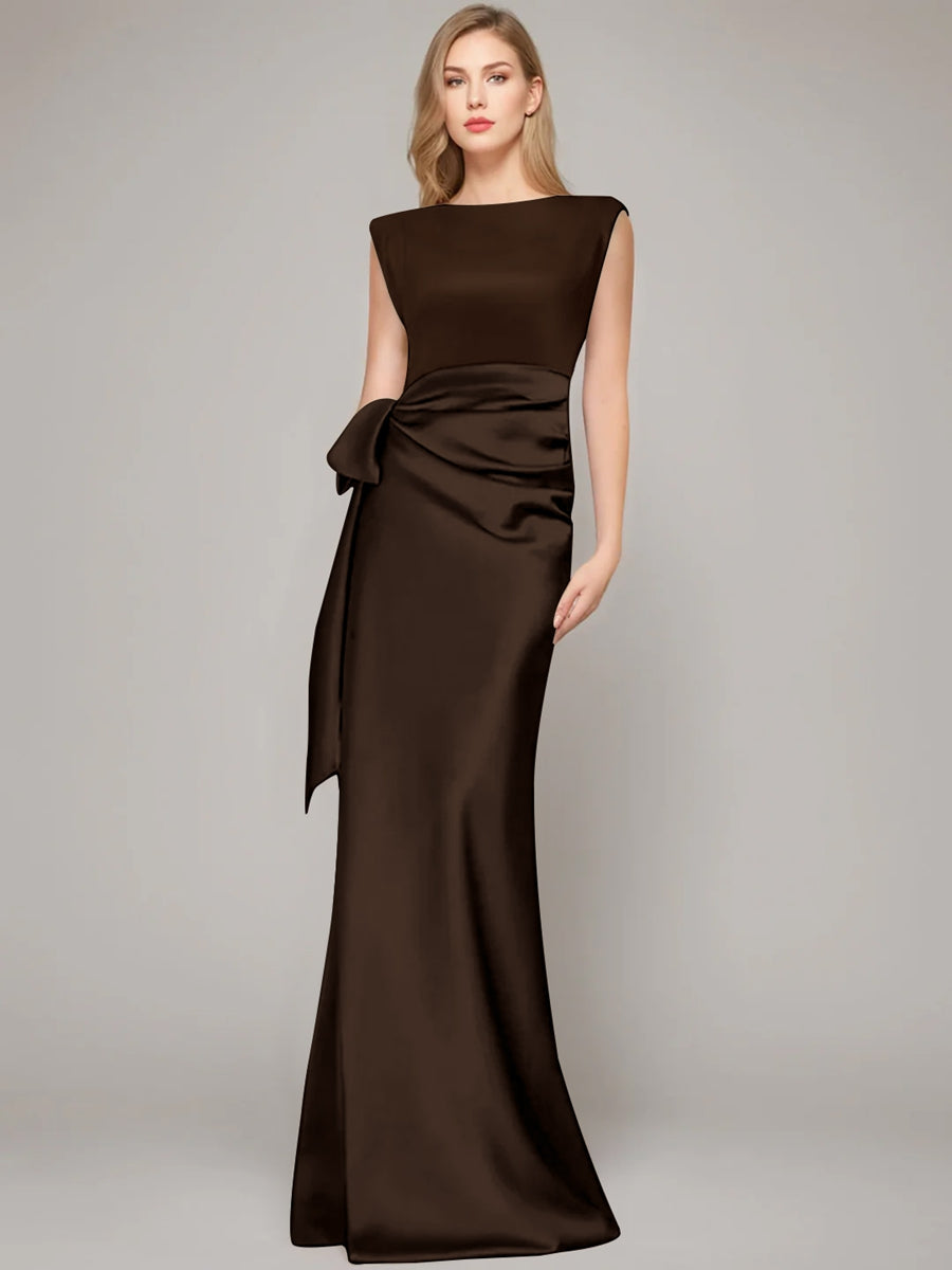 Sheath/Column Scoop Sleeveless Floor-Length Mother of the Bride Dresses with Bow & Shoulder Pad Chocolate