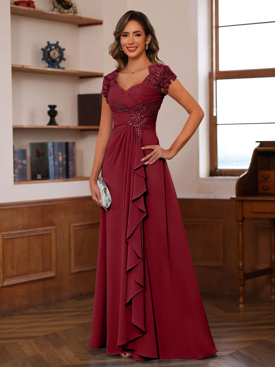 V-Neck A-Line Mother of the Bride & Groom Dress with Sleeves