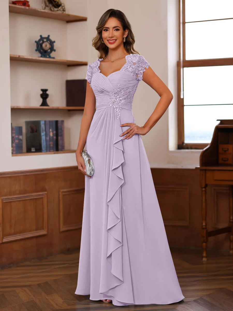 A-Line/Princess V-Neck Short Sleeves Pleated Mother of the Bride & Groom Dresses with Ruffles & Appliques Lilac A-Line/Princess V-Neck Short Sleeves Pleated Mother of the Bride & Groom Dresses with Ruffles & Appliques Lilac