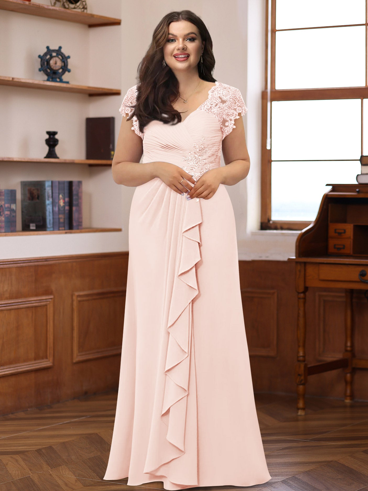 A-Line/Princess V-Neck Short Sleeves Mother of the Bride Dresses with Pockets & Flower main image 1
