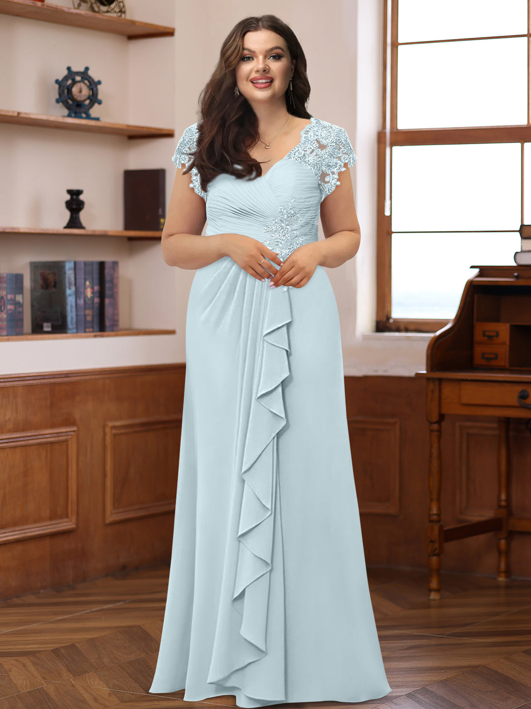 A-Line/Princess V-Neck Short Sleeves Pleated Plus Size Mother of the Bride & Groom Dresses with Ruffles & Appliques