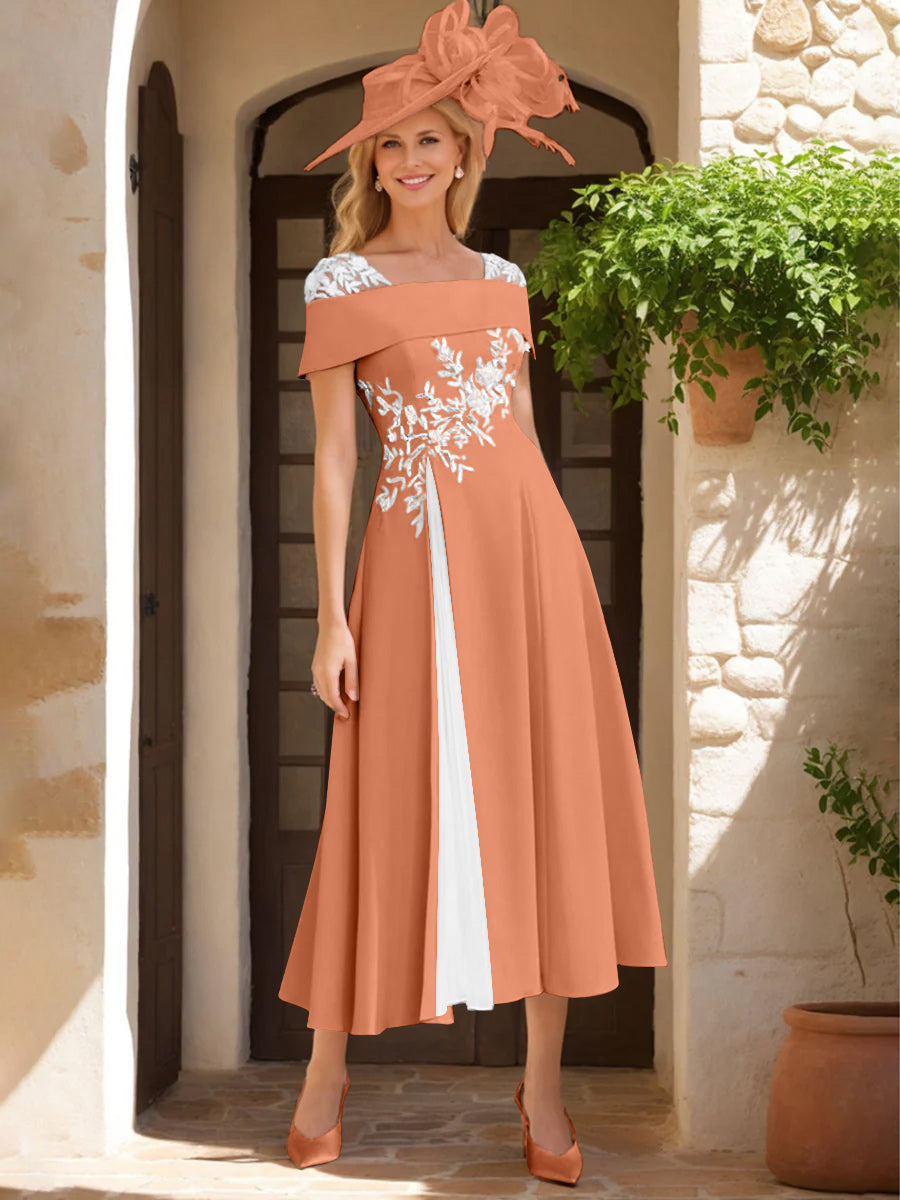 A-Line/Princess Square Neck Short Sleeves Mother of the Bride Dresses with Ruffles & Appliques Salmon A-Line/Princess Square Neck Short Sleeves Mother of the Bride Dresses with Ruffles & Appliques Salmon
