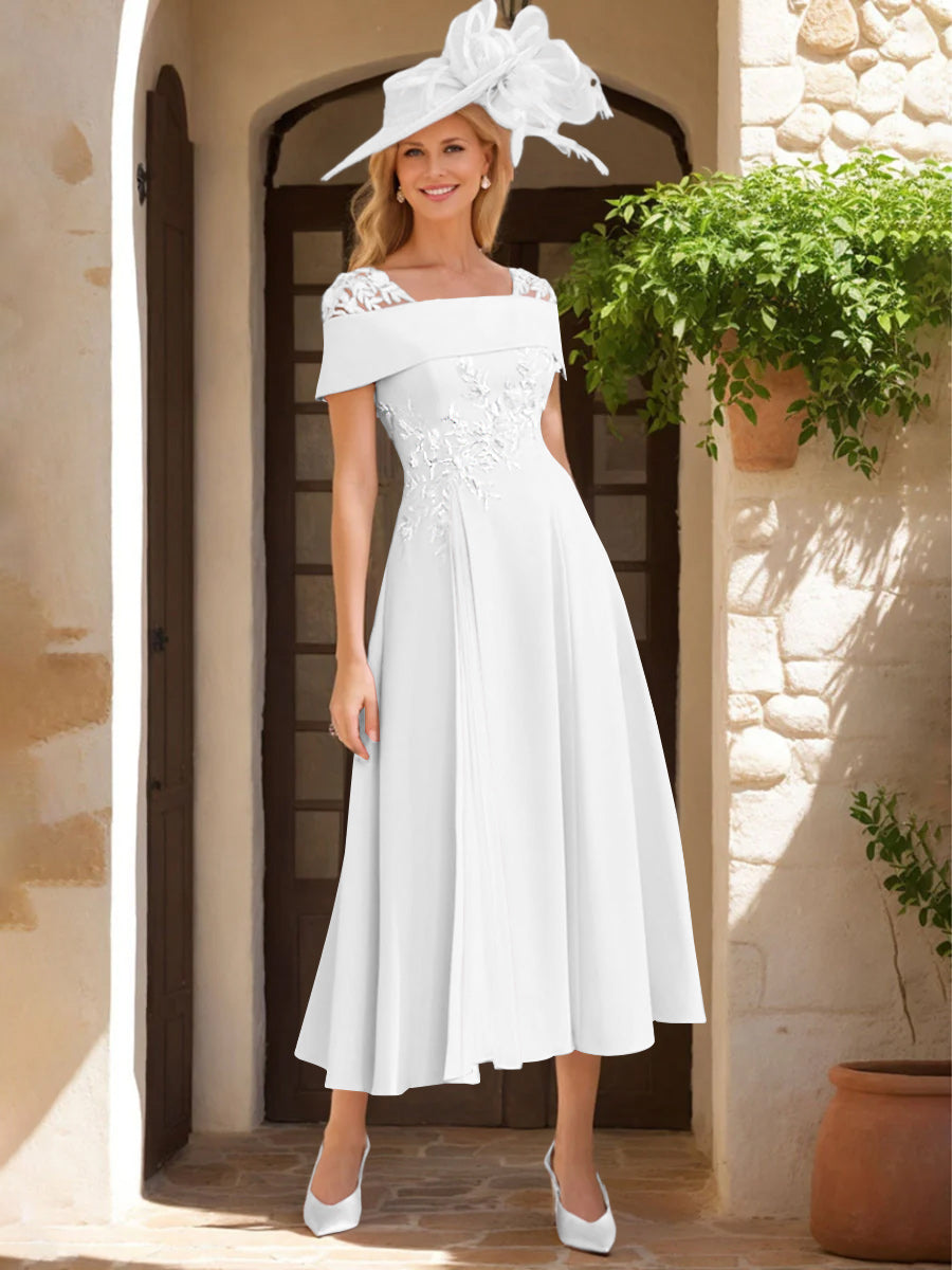 A-Line/Princess Square Neck Short Sleeves Mother of the Bride Dresses with Ruffles & Appliques White A-Line/Princess Square Neck Short Sleeves Mother of the Bride Dresses with Ruffles & Appliques White
