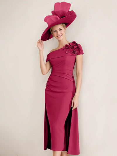 Sheath/Column One-Shoulder Tea-Length Unique Mother of the Bride Dresses with Watteau Train & Feather main image 1