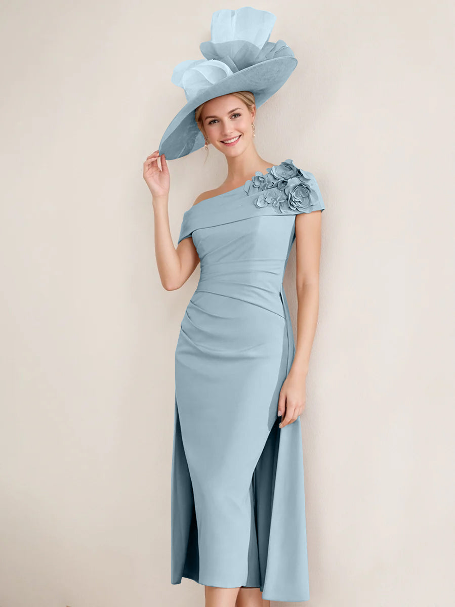 Sheath/Column Off-the-Shoulder Pleated Tea-Length Mother of the Bride Dresses with 3D Flower