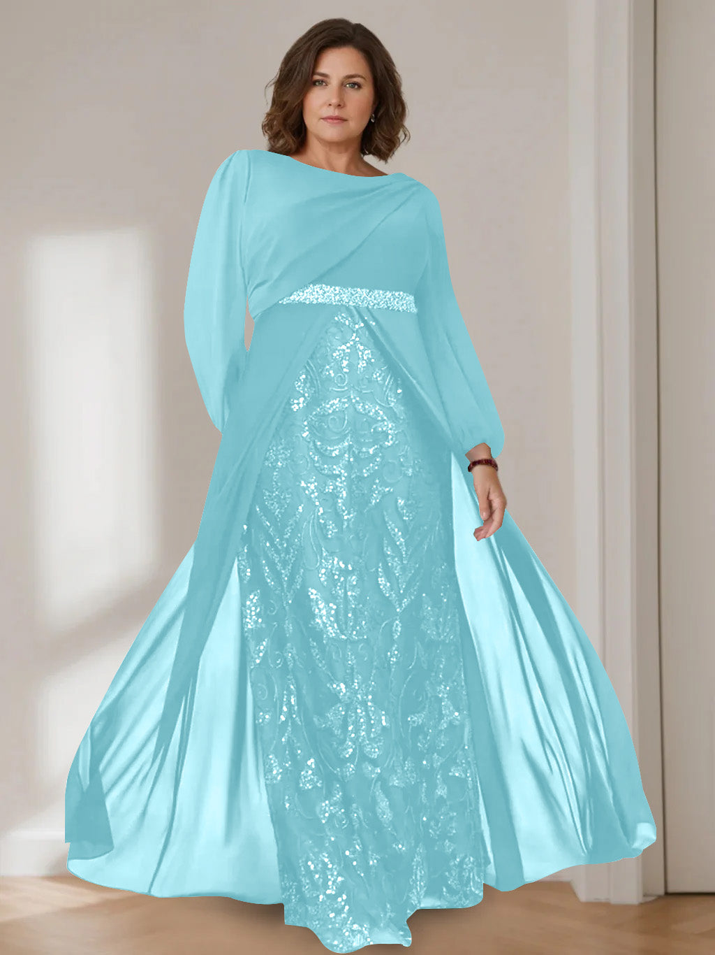 A-Line/Princess Scoop Long Sleeves Floor-Length Plus Size Mother of the Bride Dresses with Sequins