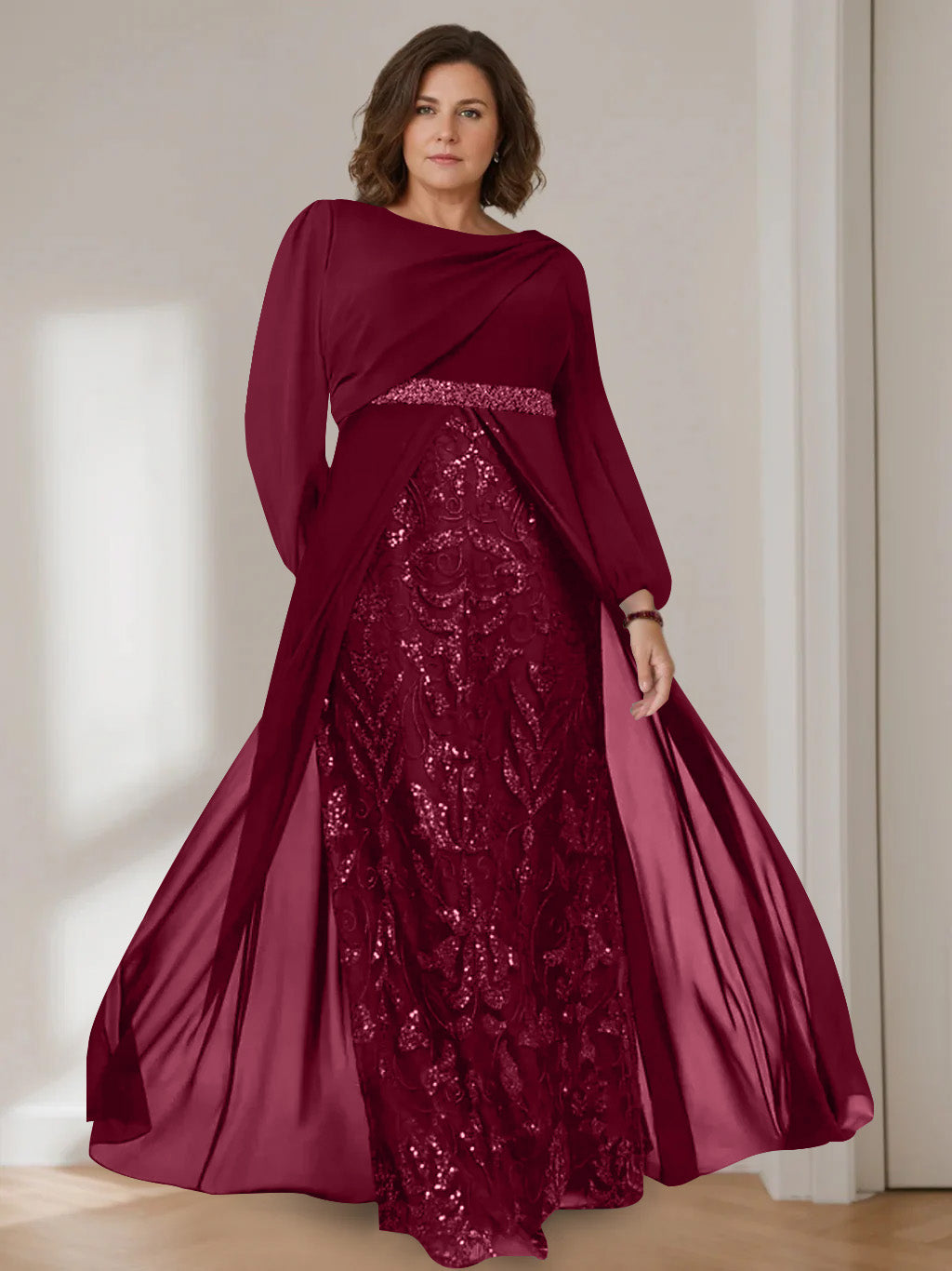 A-Line/Princess Scoop Long Sleeves Floor-Length Plus Size Mother of the Bride Dresses with Sequins