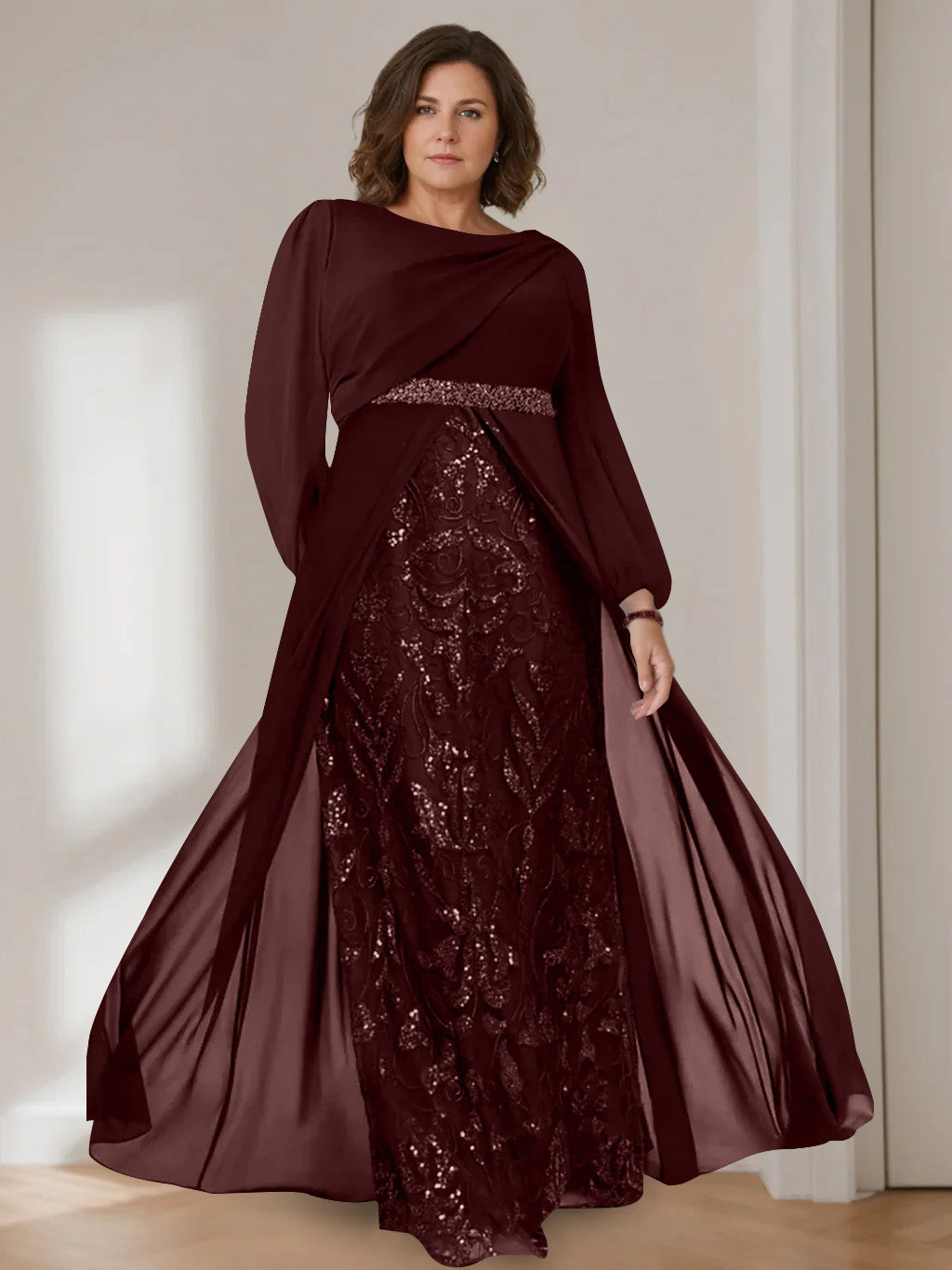 A-Line/Princess Scoop Long Sleeves Floor-Length Plus Size Mother of the Bride Dresses with Sequins