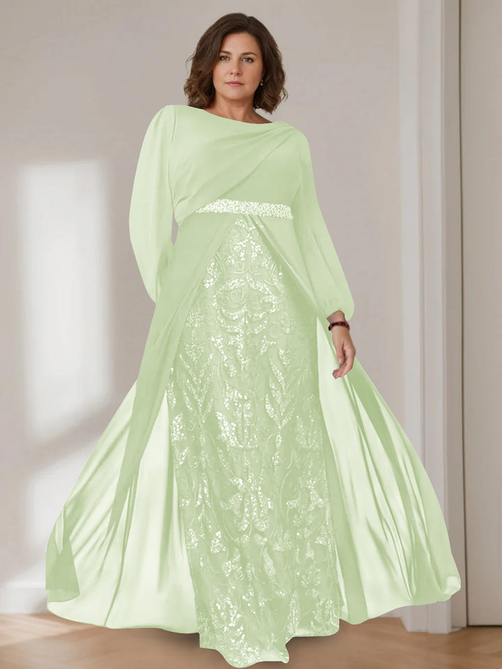 A-Line/Princess Scoop Long Sleeves Floor-Length Plus Size Mother of the Bride Dresses with Sequins