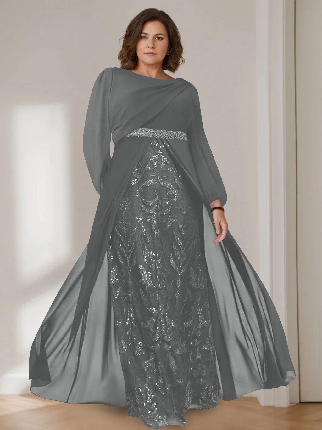 A-Line/Princess Scoop Long Sleeves Floor-Length Plus Size Mother of the Bride Dresses with Sequins Charcoal Gray A-Line/Princess Scoop Long Sleeves Floor-Length Plus Size Mother of the Bride Dresses with Sequins Charcoal Gray