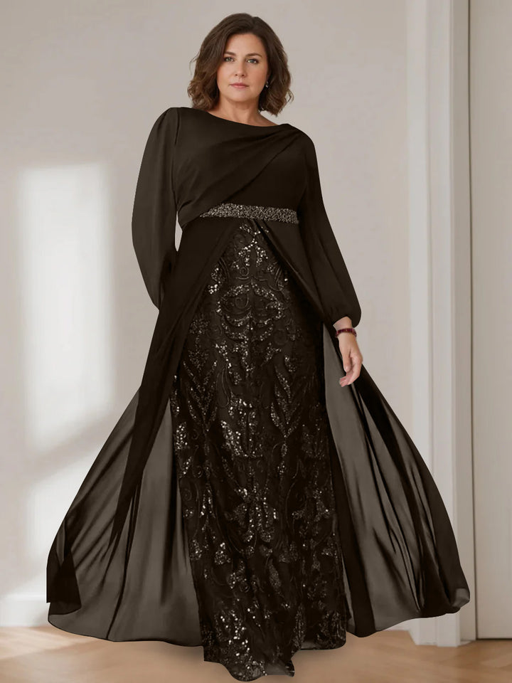 A-Line/Princess Scoop Long Sleeves Floor-Length Plus Size Mother of the Bride Dresses with Sequins