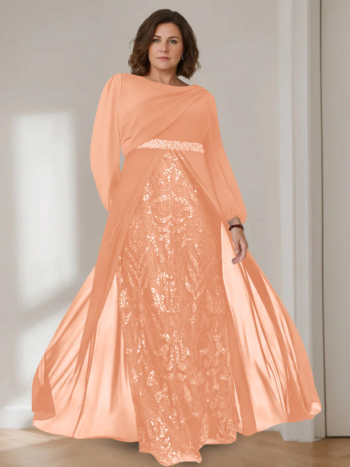 A-Line/Princess Scoop Long Sleeves Floor-Length Plus Size Mother of the Bride Dresses with Sequins