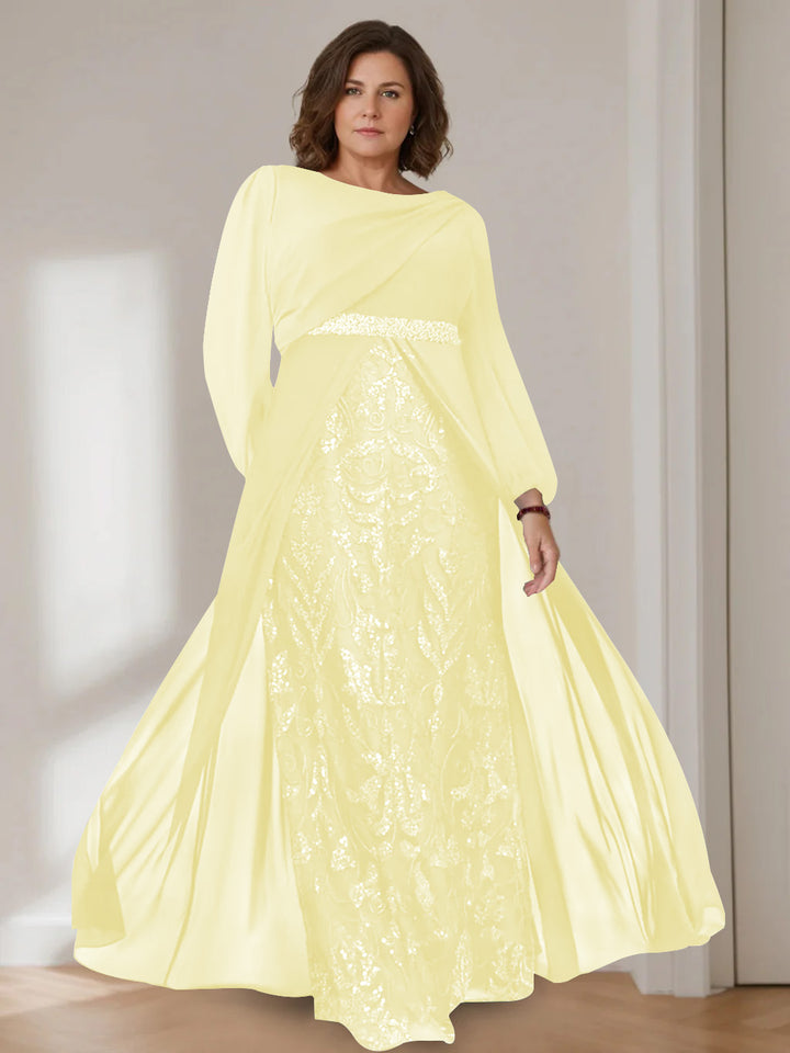 A-Line/Princess Scoop Long Sleeves Floor-Length Plus Size Mother of the Bride Dresses with Sequins