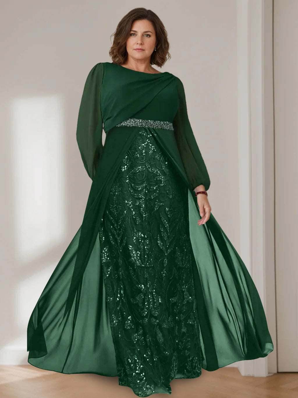 Plus Size Mother of The Bride Dresses 2026 Sequins A-Line Scoop Neck Long Sleeves Floor-Length Chiffon Formal Wedding Guest Gowns, Dark Green Plus Size Mother of The Bride Dresses 2026 Sequins A-Line Scoop Neck Long Sleeves Floor-Length Chiffon Formal Wedding Guest Gowns, Dark Green
