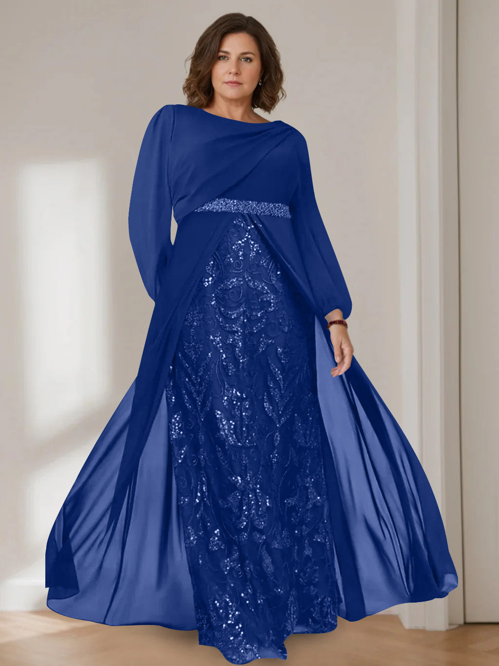 A-Line/Princess Scoop Long Sleeves Floor-Length Plus Size Mother of the Bride Dresses with Sequins