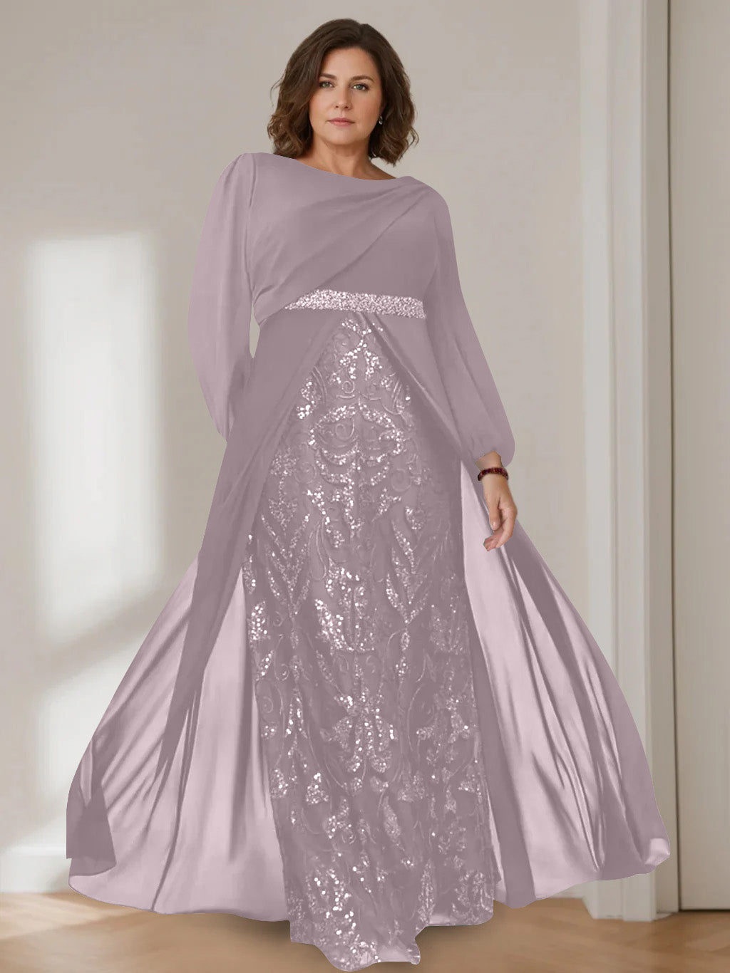A-Line/Princess Scoop Long Sleeves Floor-Length Plus Size Mother of the Bride Dresses with Sequins