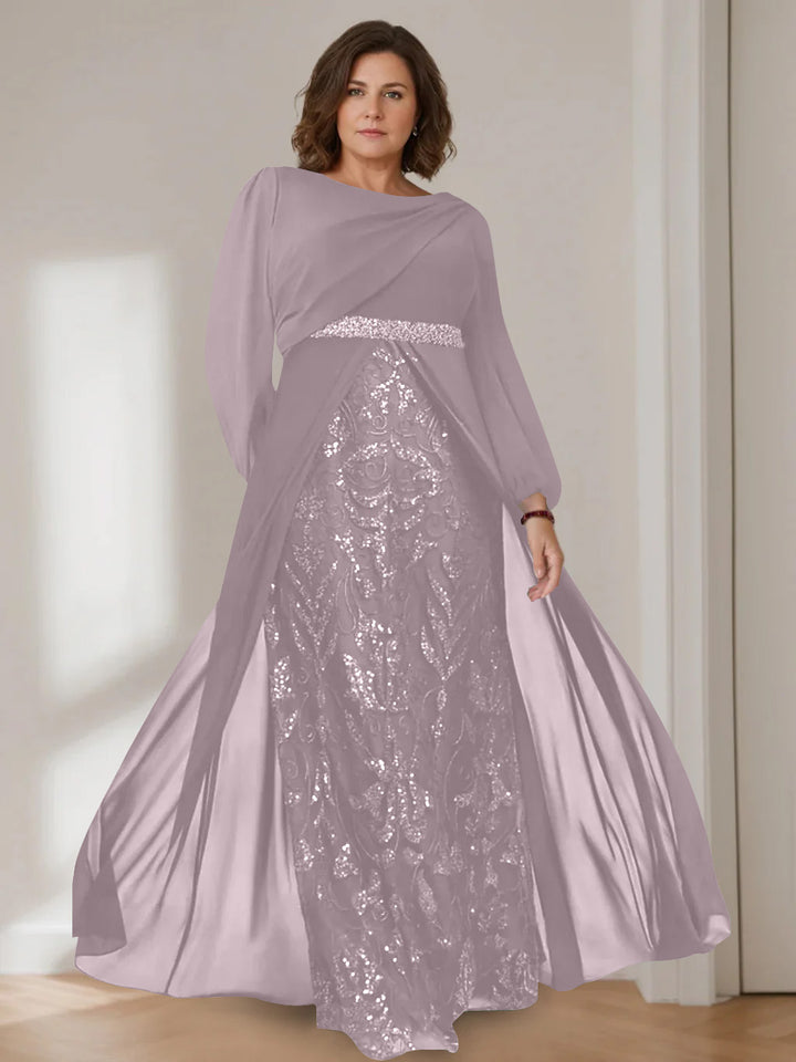 A-Line/Princess Scoop Long Sleeves Floor-Length Plus Size Mother of the Bride Dresses with Sequins
