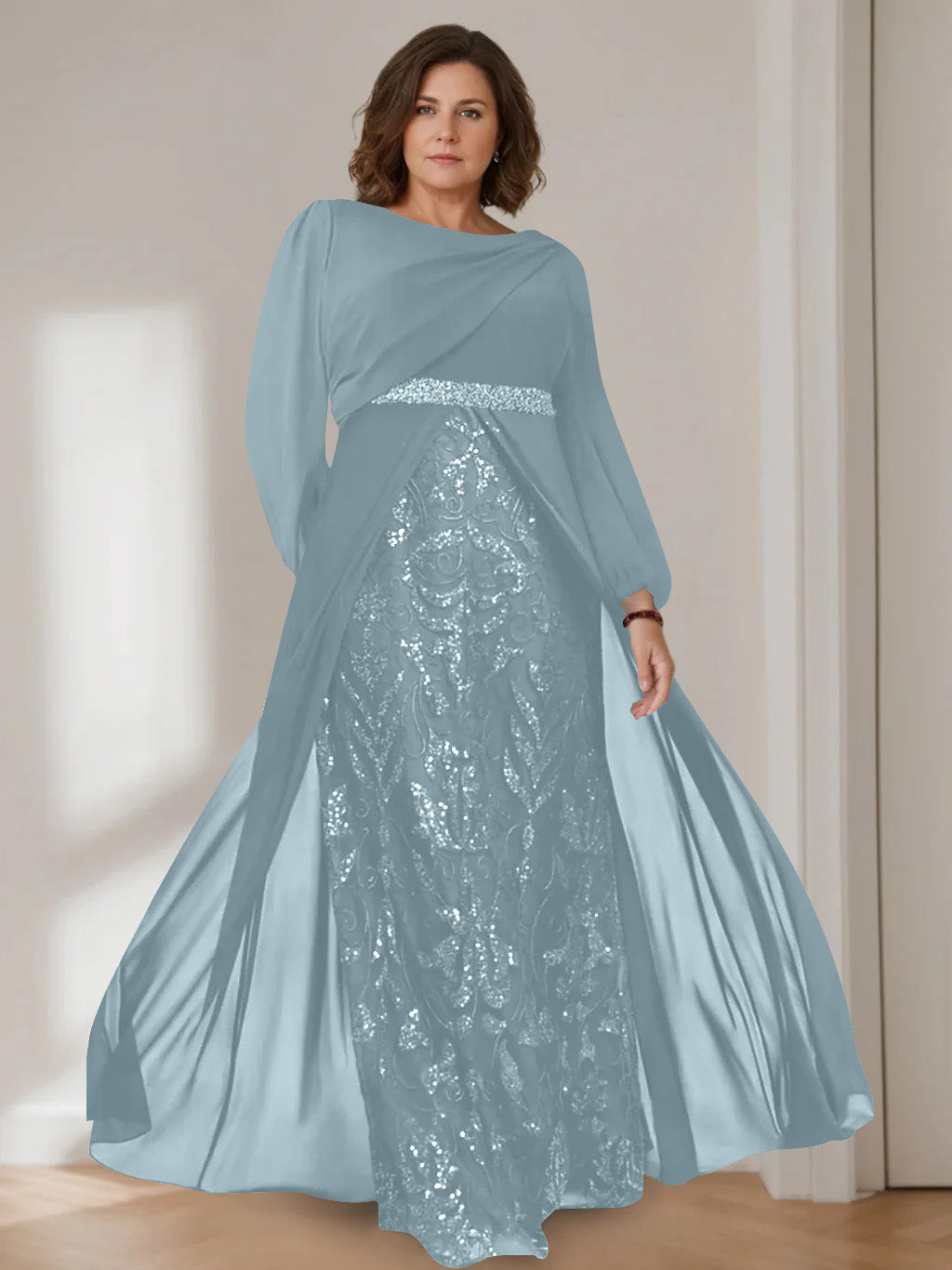 A-Line/Princess Scoop Long Sleeves Floor-Length Plus Size Mother of the Bride Dresses with Sequins